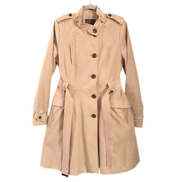 Cole Haan Women Beige Classic Trench Coat High Collar Shoulder Pads Belt Size M - Picture 2 of 16